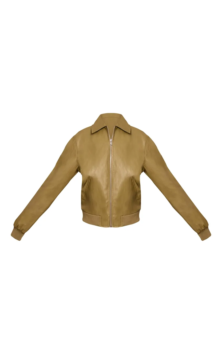Tall Olive Faux Leather Bomber Jacket - 4