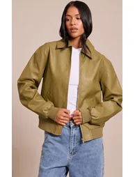 Tall Olive Faux Leather Bomber Jacket - 5