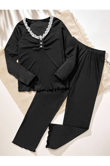 Girls Black Lace Trim Top and Pyjama Set
