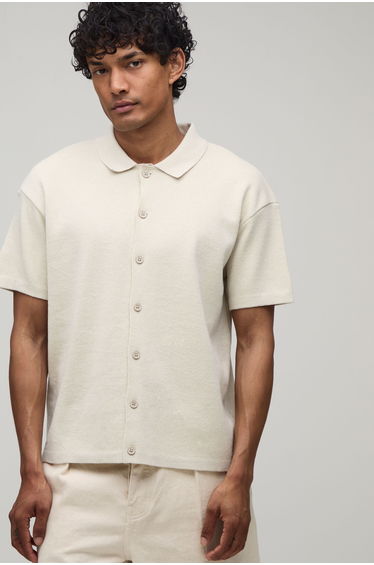 Relaxed Palm Scenic Jacquard Knitted Shirt - stone