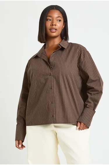 Plus Stripe Boxy Oversized Shirt - chocolate