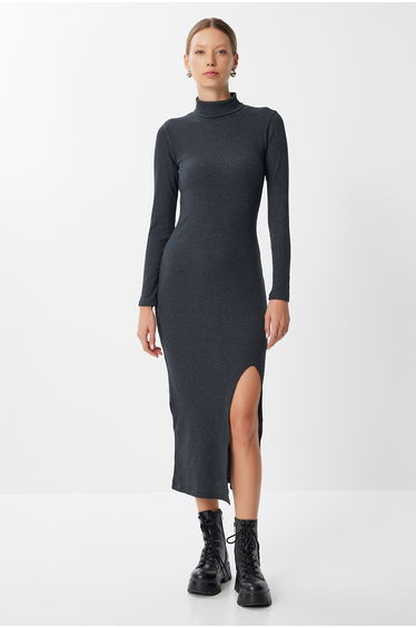 Women's Anthracite Turtleneck Slit Ribbed Knit Dress