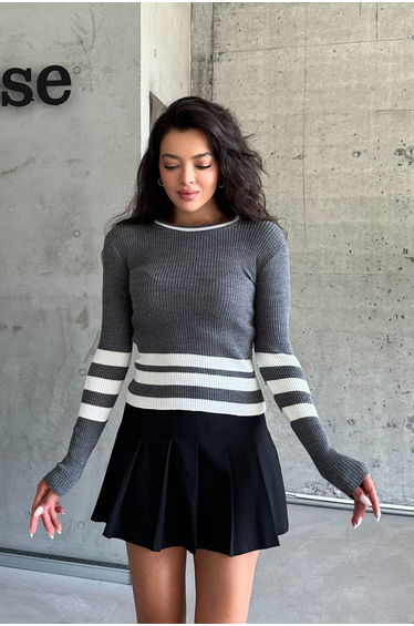 Women's Anthracite Thick Striped Crew Neck Knitwear Sweater