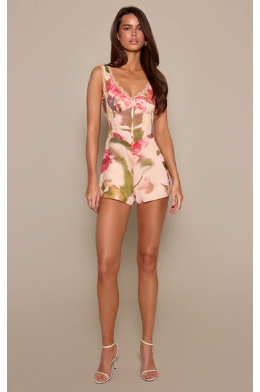 Cream Floral Printed Chiffon Corset Detail Playsuit