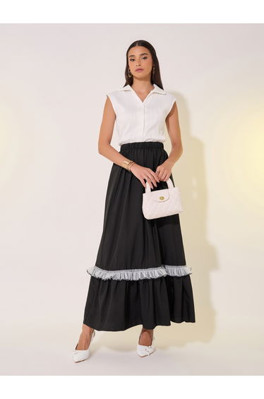 Solid Ruffled Hem Lace Insert A-Line Maxi Skirt