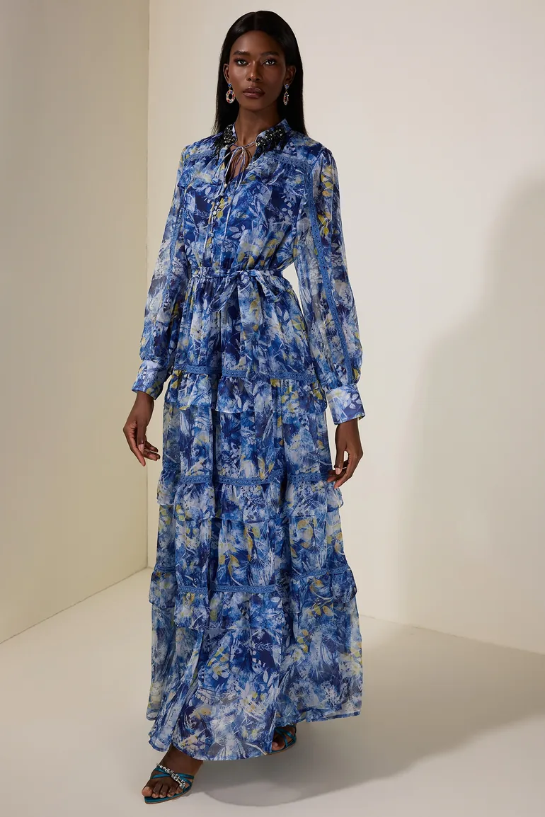 Floral Beaded Ruffle Maxi Dress JardinVue : Premium Dresses : VogaCloset  Bahrain