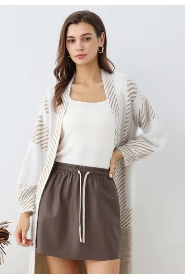 Faux Leather Drawstring Waist Mini Skirt in Brown