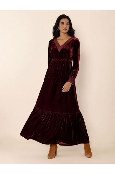 Solid Velvet Lace Trim Long Sleeve Maxi Dress