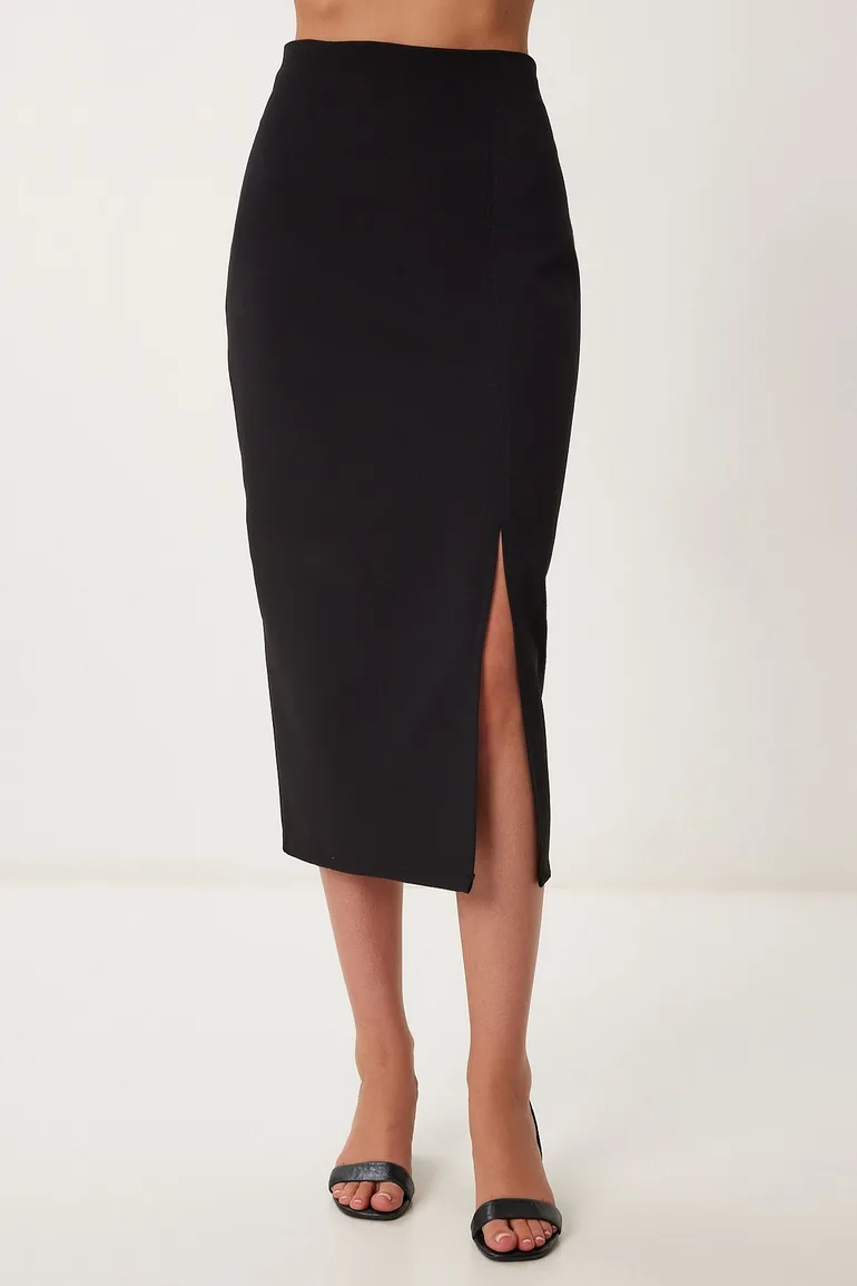 Women's Black Slit Woven Pencil Skirt - 3