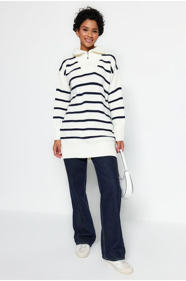 Navy Blue Striped Collar Zippered Knitwear Sweater