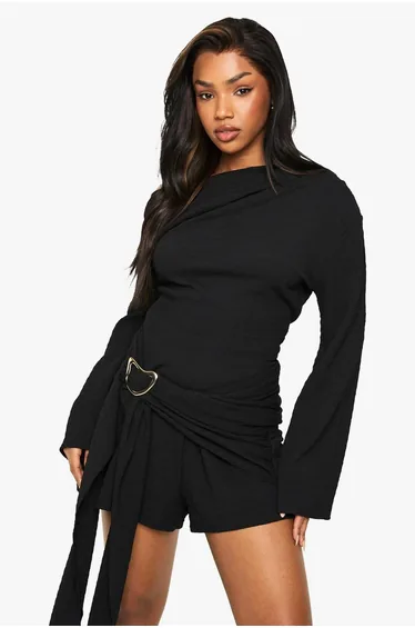 Textured Asymmetric Playsuit - black