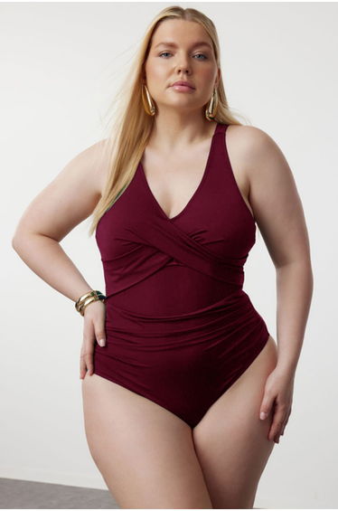 Burgundy Waist Cut Out Mesh/Tulle Detail Plus Size Swimsuit