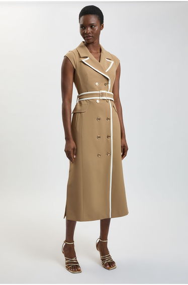 Petite Double Breasted Belted Tipped Tailored Midi Dress