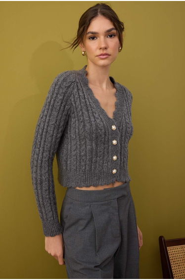 Anthracite Soft Texture Pearl Button Detail Crop Knitwear Cardigan