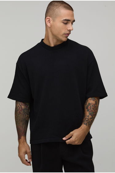 Oversized Cotton Blend Knitted T-Shirt - black