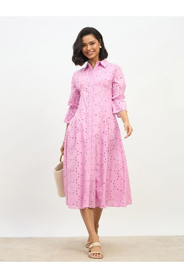 Schiffli 3/4 Sleeve Shirt Midi Dress