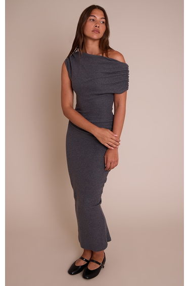 Charcoal Brushed Rib Asymmetric Ruched Detail Maxi Dress