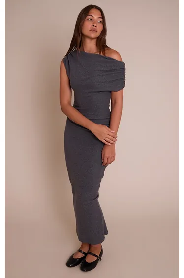 فستان ماكسي مضلع مزموم - رمادي