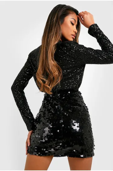 بودي سوت بوهو أسود بأكمام طويلة