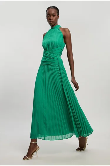 Pleated Twist Front Woven Halter Midi Dress