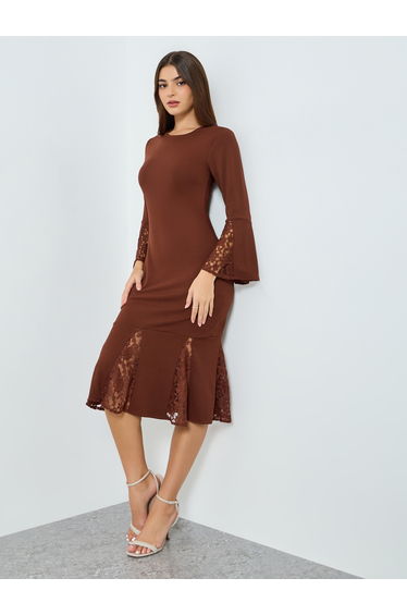 Women Brown Lace Detail Mermaid Midi Dress