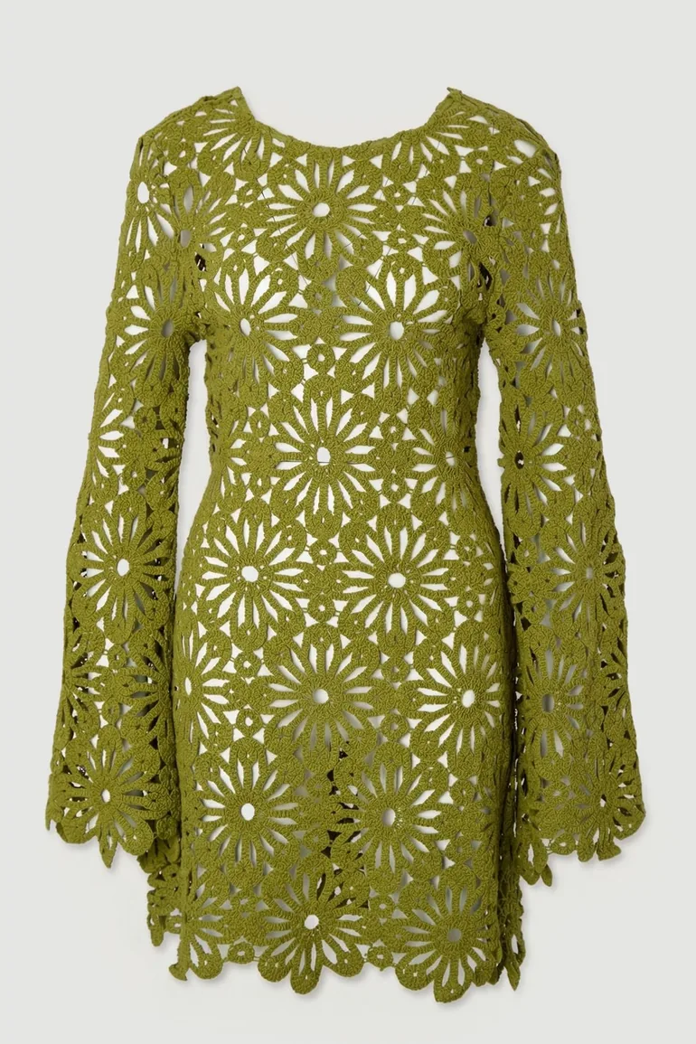 فستان كارين ميلين أخضر قصير بقصة مستقيمة بأكمام طويلة