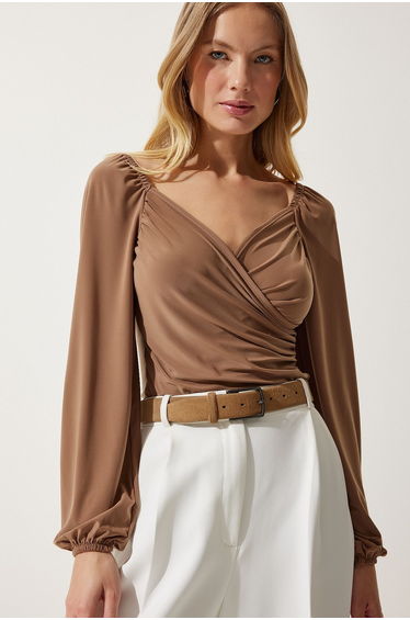 Women's Dark Beige Elastic Balloon Sleeve Sandy Knitted Blouse