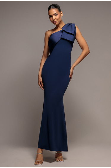 Goddiva One Shoulder Satin Ribbon Scuba Crepe Maxi Dress