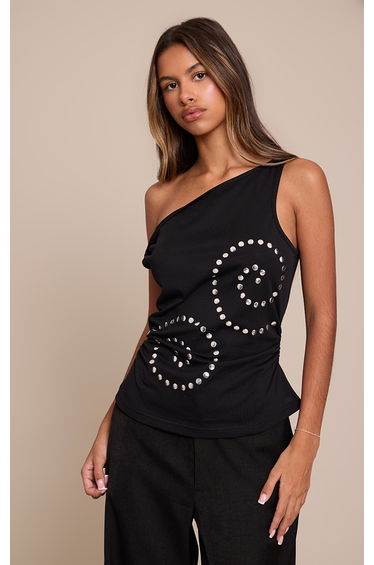 Petite Black Swirl Stud Detail Asymmetric Top