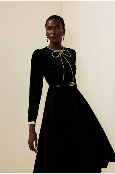 Agathe Velvet Rhinestone Bow Midi Dress