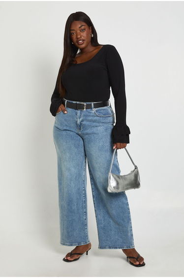 Plus Scoop Neck Ruffle Sleeve Top - black
