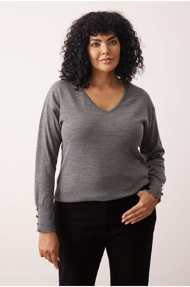 Anthracite V-Neck Button Detailed Knitwear Sweater