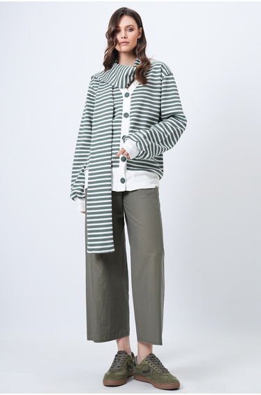 Women's Ecru Green Self-Shawl Detailed Color Block Knitted Long Cardigan