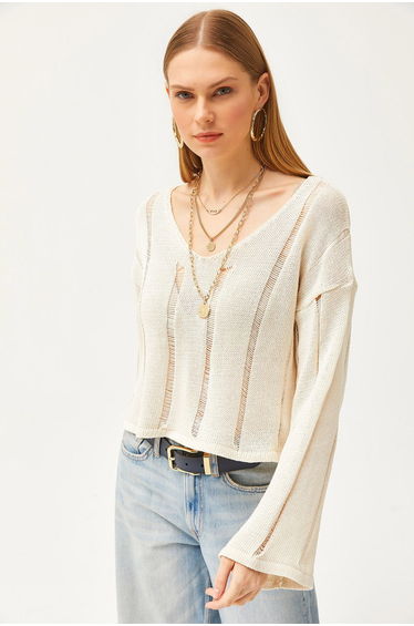 Women's Ecru V-Neck Striped Front Sleeve Cotton Knitwear Blouse