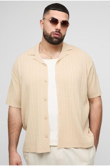 Plus Oversized Boxy Short Sleeve Revere Cable Knit Shirt - stone