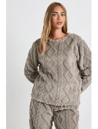 Cable Knit Fleece Jumper & Trousers Lounge Set - grey - 3