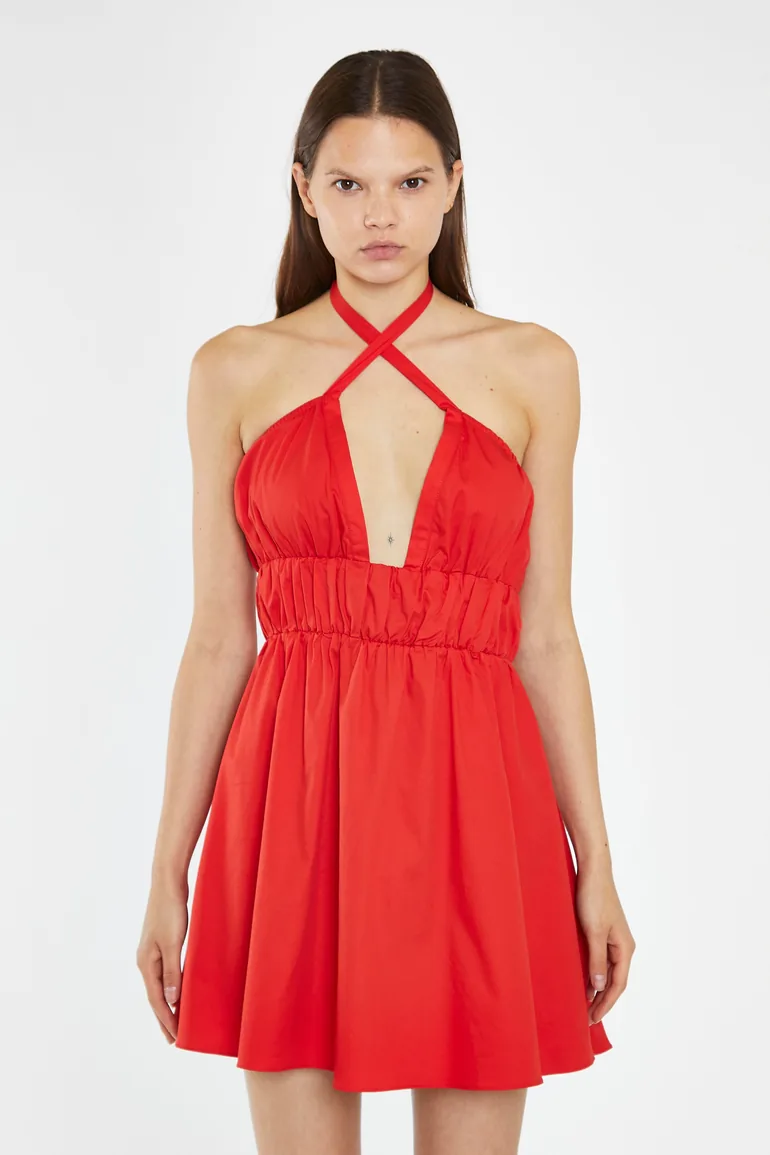 Shop Poppy-Red Cross Over Halterneck Mini-Dress Online in Oman