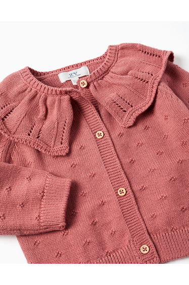 Openwork cotton knit jacket with ruffle collar for baby girls pink