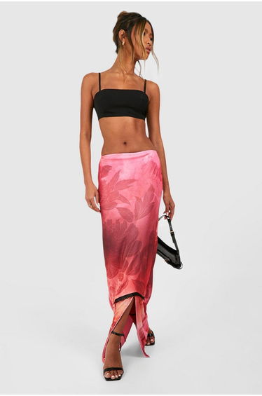 Mesh Floral Lace Tiered Maxi Skirt - multi