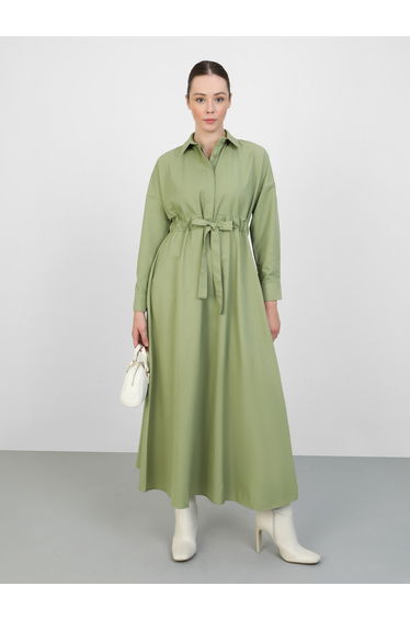 Solid Buttoned Maxi Dress with Tie-Up Belt Detail