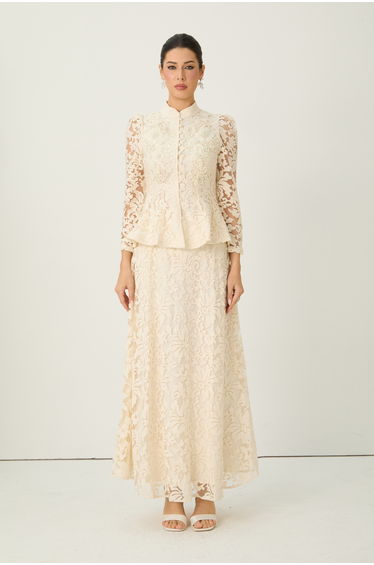 Keep It Interesting Beige Sheer Sleeve Floral Lace Top & Skirt Set