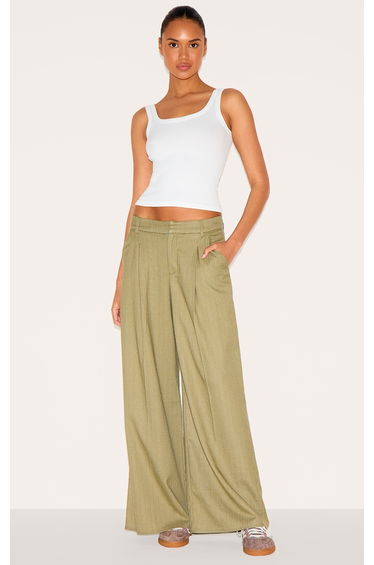 Premium Olive Woven Pinstripe Tailored Straight Leg Trousers