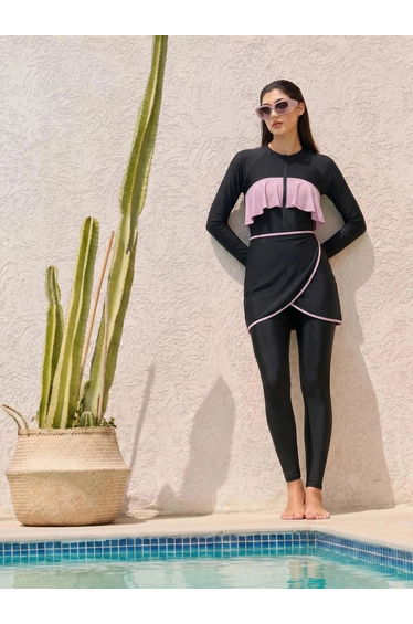 Pack of 3 - Raglan Sleeve Ruffle Swimsuit, Wrap Skirt and Leggings Burkini Set