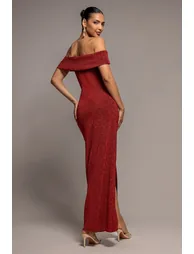 Goddiva Lurex Bardot Maxi With Waterfall Ruffle - Red - 1