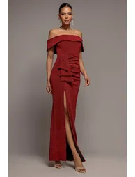 Goddiva Lurex Bardot Maxi With Waterfall Ruffle - Red