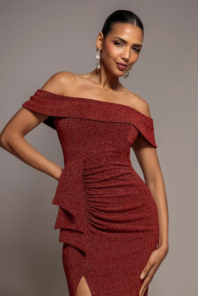 Goddiva Lurex Bardot Maxi With Waterfall Ruffle - Red - 2
