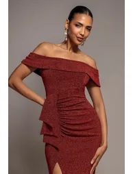 Goddiva Lurex Bardot Maxi With Waterfall Ruffle - Red - 2