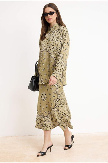 Brown Ethnic Patterned Satin Skirt