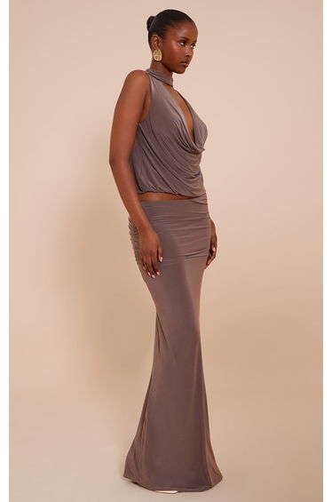 Mushroom Double Layer Slinky Ruched Waist Maxi Skirt