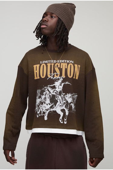 Chocolate Shrunken Boxy Washed Limited Western Faux Layer Hem Printed Sweatshirt - chocolate